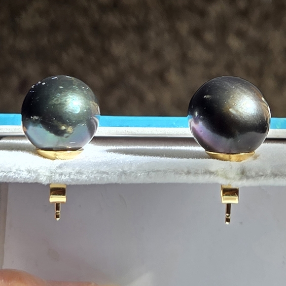 Tahitian Black Pearl Earrings 13mm in 14k Yellow Gold - Picture 10 of 10